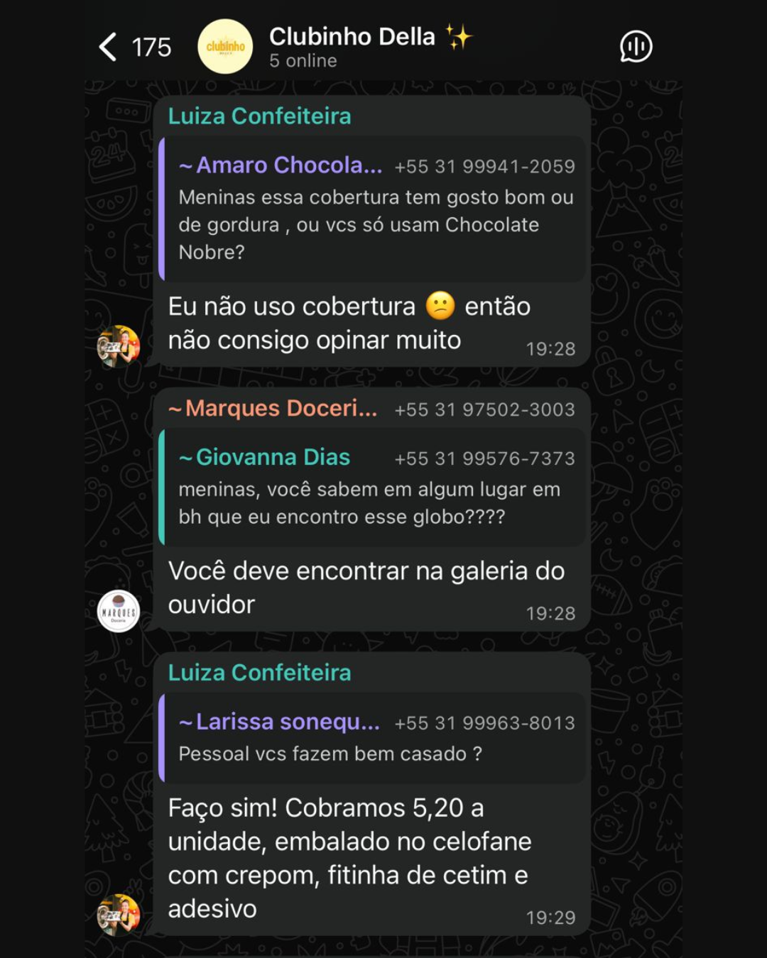 Prints do Clubinho Della — conversas entre confeiteiras